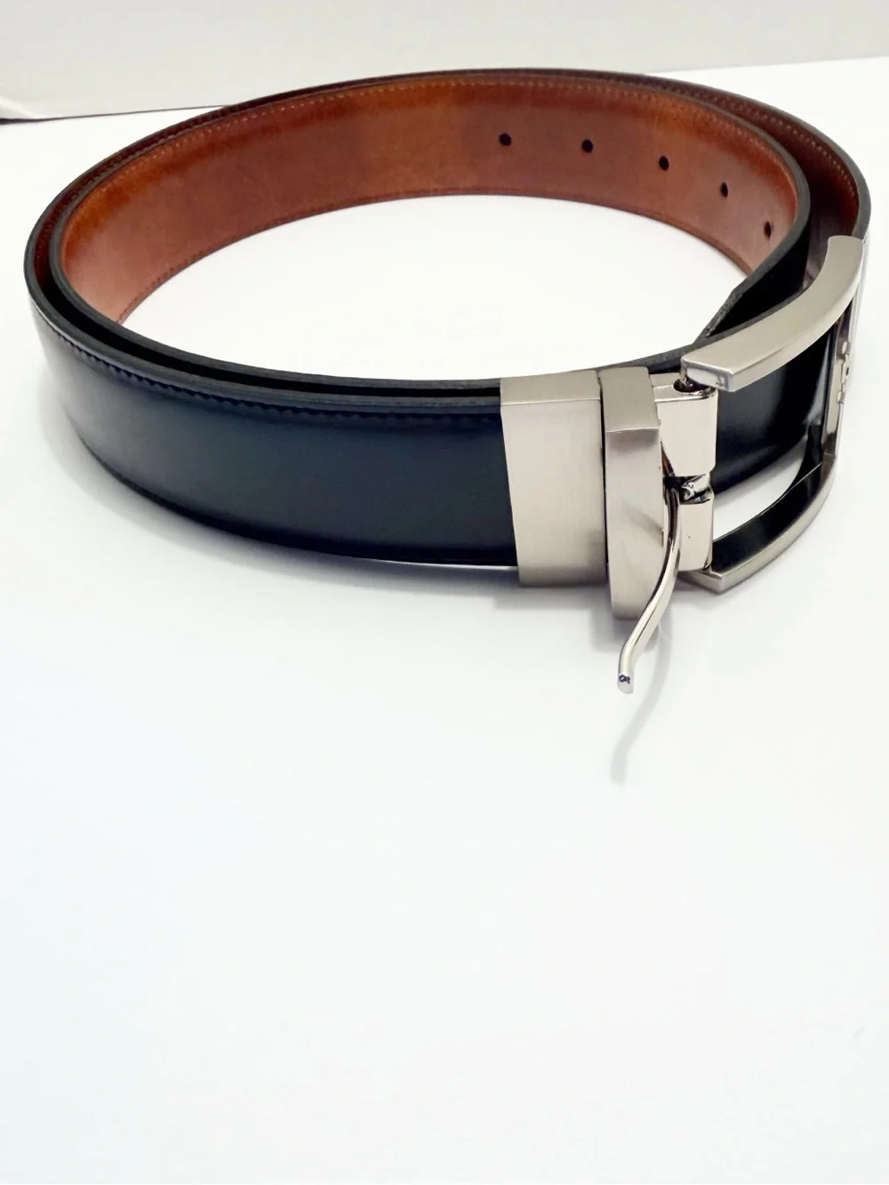 Men's Reversible Black/Brown Leather Dress Belt with Brushed Silver Buckle
